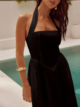 Load image into Gallery viewer, Black Ruched Halter Neck Midi Dress Sleek & Sophisticated Dress For Women