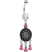 Load image into Gallery viewer, Clear Gem and Pink Faux Turquoise Leafy Lotus Flower Disk Dangle Belly Ring