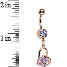 Load image into Gallery viewer, Purple CZ Gem Rose Gold Plated Orchid Hollow Heart Dangle Belly Ring