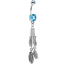 Load image into Gallery viewer, Clear Brilliant Blue CZ Gems Fluttering Feathers Dangle Belly Ring