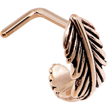 Load image into Gallery viewer, 18G Rose Gold PVD Feather Faux Hoop L Shaped Nose Ring