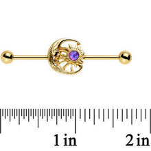 Load image into Gallery viewer, Purple Faux Opal Gold Anodized Moon and Sun Industrial Barbell 38mm