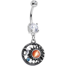 Load image into Gallery viewer, Clear Blue Orange Gem Celestial Bodies Moon and Sun Dangle Belly Ring