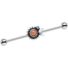 Load image into Gallery viewer, Clear Gem Orange Faux Opal Moon Spun Sun Industrial Barbell 38mm