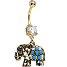 Load image into Gallery viewer, Clear Gem Faux Turquoise Gold Anodized Elephant Dangle Belly Ring