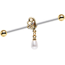 Load image into Gallery viewer, 14G White Orb Winged Wonder Dangle Industrial Barbell 38mm
