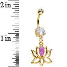 Load image into Gallery viewer, Clear Gem Pink Faux Opal Gold Plated Framework Lotus Flower Dangle Belly Ring