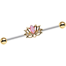 Load image into Gallery viewer, Clear Gem Pink Faux Opal Gold Plated Lotus Flower Industrial Barbell 38mm