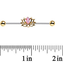 Load image into Gallery viewer, Clear Gem Pink Faux Opal Gold Plated Lotus Flower Industrial Barbell 38mm