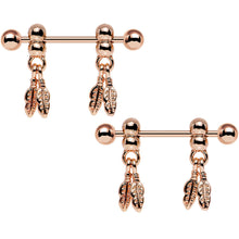 Load image into Gallery viewer, 14G .94 Rose Gold Fair Weather Feather Dangle Nipple Ring Set