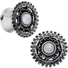 Load image into Gallery viewer, 1/2 White Faux Opal Steel Finely Framed Double Flare Plug Set