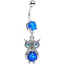 Load image into Gallery viewer, Blue Faux Opal Clear Gem No Ordinary Owl Dangle Belly Ring