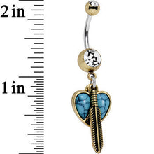 Load image into Gallery viewer, Faux Turquoise Clear Gem Heart Forever Feather Dangle Belly Ring