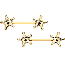Load image into Gallery viewer, 14G 5/8 Gold Plated Steel Sheriffs Badge Nipple Barbell Set