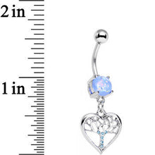 Load image into Gallery viewer, Light Blue Faux Opal Aqua Gem Tree of Life Heart Dangle Belly Ring