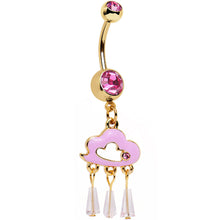 Load image into Gallery viewer, Pink Gem Gold Anodized Drops of Pink Rain Cloud Dangle Belly Ring