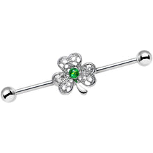 Load image into Gallery viewer, 14G Green Faux Opal Fancy Shamrock Industrial Barbell 38mm