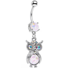 Load image into Gallery viewer, White Faux Opal Aurora Gem No Ordinary Owl Dangle Belly Ring