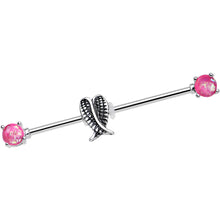Load image into Gallery viewer, 14G Pink Faux Opal Sheathed Wings Industrial Barbell 38mm