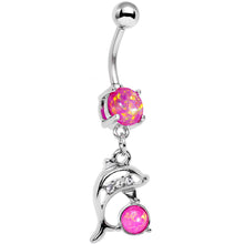Load image into Gallery viewer, Pink Faux Opal Diving Dolphin Dangle Belly Ring