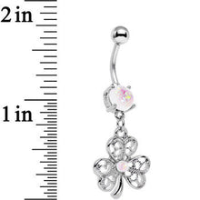 Load image into Gallery viewer, White Faux Opal Double Detail Shamrock Dangle Belly Ring