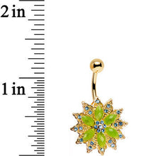 Load image into Gallery viewer, Green Aqua Gem Gold Anodized Starbust Power Flower Belly Ring