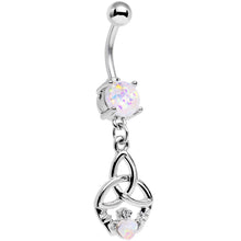 Load image into Gallery viewer, White Faux Opal Trinity You and Me Claddagh Dangle Belly Ring