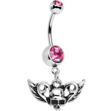 Load image into Gallery viewer, Pink Gem Born to Be Bad Winged Skull Dangle Belly Ring