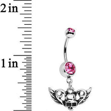 Load image into Gallery viewer, Pink Gem Born to Be Bad Winged Skull Dangle Belly Ring