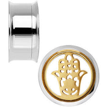 Load image into Gallery viewer, 7/8 Steel Sunlit Hamsa Hand Screw Fit Tunnel Plug Set
