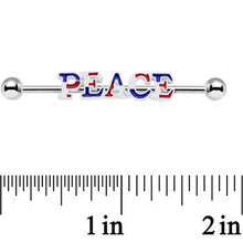 Load image into Gallery viewer, 14G Red White and Blue Text Peace Industrial Barbell 38mm
