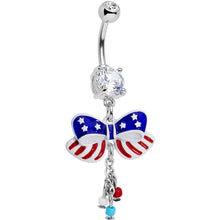 Load image into Gallery viewer, Clear Red Blue CZ Gem All American Flag Ribbon Dangle Belly Ring