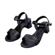 Load image into Gallery viewer, Women Genuine Leather Sandals Low Heel Buckle Strap Ladies Open Toe Black Decoration Summer Leather Open Toe And Ankle Strap Buckle Flat Sandals Casual Beach Shoes
