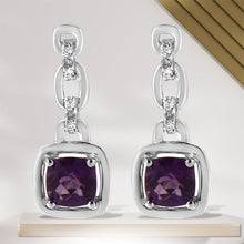 Load image into Gallery viewer, .925 Sterling Silver 6x6MM Cushion Shaped Natural Purple Amethyst and Diamond Accent Drop and Dangle Earrings (I-J Color, I1-I2 Clarity)