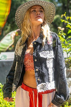 Load image into Gallery viewer, Fashionable Black Button-Up Jacket With Crochet Patches and Embroidery Unique Design Jacket