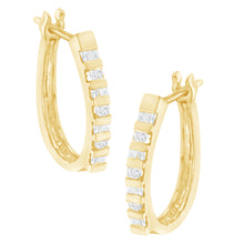 Load image into Gallery viewer, 10K Yellow Gold Round and Baguette Cut Diamond Oblong Hinged Leverback Hoop Earrings (¼ Cttw, I-J Color, I2-I3 Clarity)
