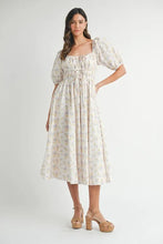 Load image into Gallery viewer, Floral Drawstring Detail Puff Sleeve Midi Dress – Romantic Floral Midi Dress, Ruched Drawstring Dress, Feminine Puff Sleeve Dress, Trendy Garden Party Dress For Summer