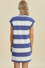 Load image into Gallery viewer, Full Size Striped Round Neck Cap Sleeve Mini Dress For Women – Striped Mini Dress, Full-Size Round Neck Dress, Comfortable Cap Sleeve Dress, Chic Striped Dress, Flattering Mini Dress, Casual Everyday Dress, Versatile Striped Dress