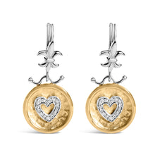 Load image into Gallery viewer, 18K Yellow Gold Plated .925 Sterling Silver 1/8 Cttw Diamond Hammered Finished Medallion Heart Drop and Dangle Earrings (I-J Color, SI1-SI2 Clarity)