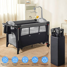 Load image into Gallery viewer, 6-in-1 Foldable Baby Crib with Activity Center Diaper Changing Table