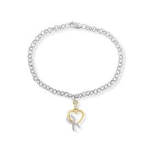 Load image into Gallery viewer, 10K Yellow Gold 1/10 Cttw Diamond Awareness Ribbon & Heart Charm on 7" .925 Sterling Silver Rolo Bracelet (H-I Color, I1-I2 Clarity)