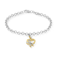 Load image into Gallery viewer, 10K Yellow Gold 1/10 Cttw Diamond Awareness Ribbon & Heart Charm on 7" .925 Sterling Silver Rolo Bracelet (H-I Color, I1-I2 Clarity)