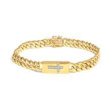 Load image into Gallery viewer, 14K Yellow Gold Plated .925 Sterling Silver Diamond Accent Inlaid Cross Cuban Link Bracelet (I-J Color, I3 Clarity)- 7.25"