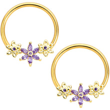 Load image into Gallery viewer, 14G 5/8 Purple CZ Gold Anodized Daisy Flower BCR Nipple Ring Set