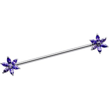 Load image into Gallery viewer, 14G Purple CZ Pimpernel Flower Ends Industrial Barbell 40mm