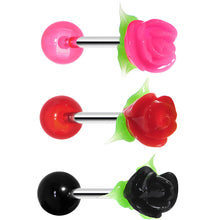 Load image into Gallery viewer, Pink Red Black Romantic Rose Flower Steel Barbell Tongue Ring 3 Pack Set