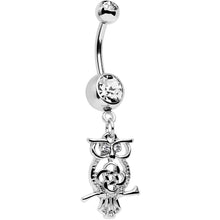 Load image into Gallery viewer, Clear Gem Celtic Knot Perched Owl Dangle Belly Ring