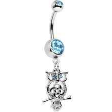 Load image into Gallery viewer, Aqua Blue Gem Celtic Knot Perched Owl Dangle Belly Ring