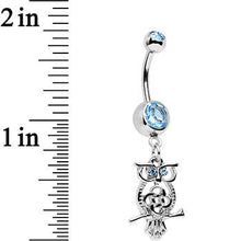 Load image into Gallery viewer, Aqua Blue Gem Celtic Knot Perched Owl Dangle Belly Ring