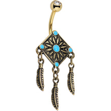 Load image into Gallery viewer, Faux Turquoise Gold Anodized Aztec Feather Dangle Belly Ring